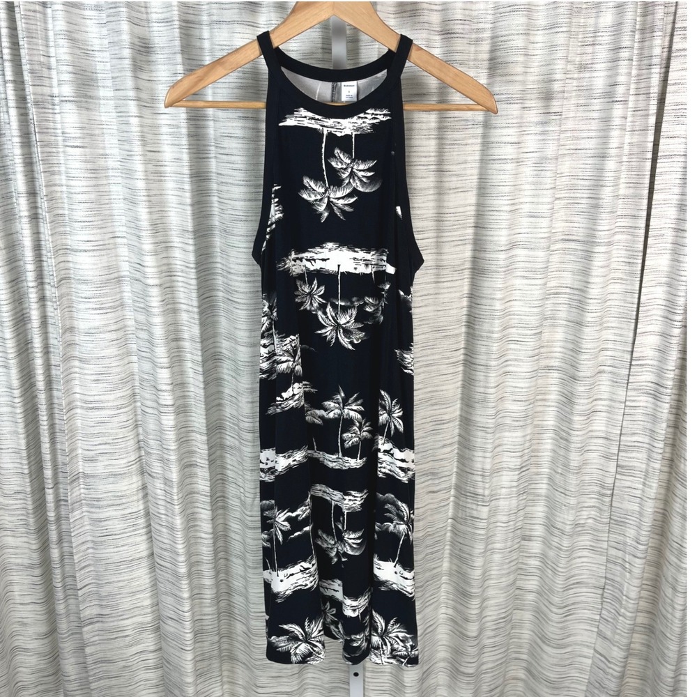 Old Navy Womens Black White Palm Tree Tropical High Neck Swing Dress Size S‎